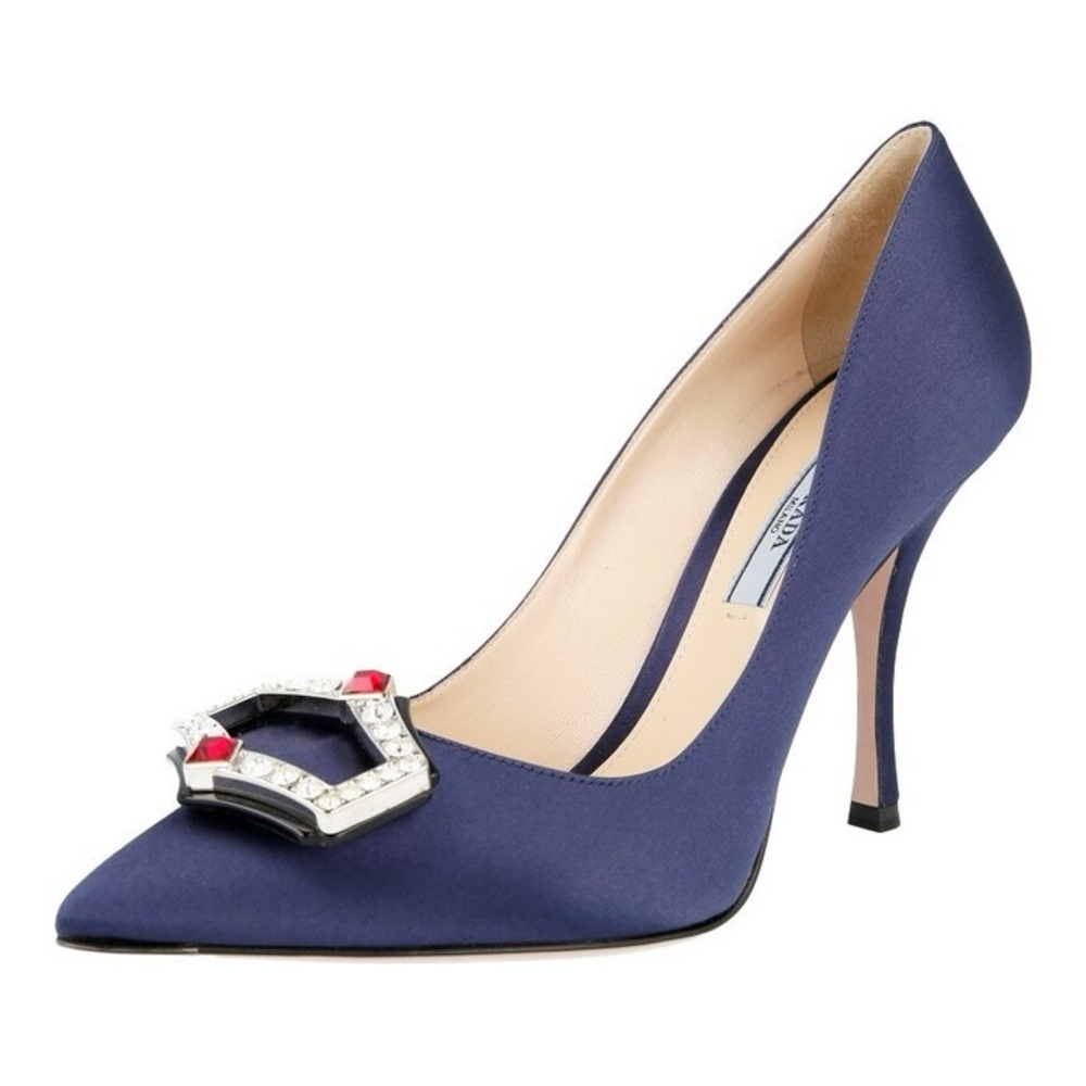 Prada Navy Satin Heels with Embellishment